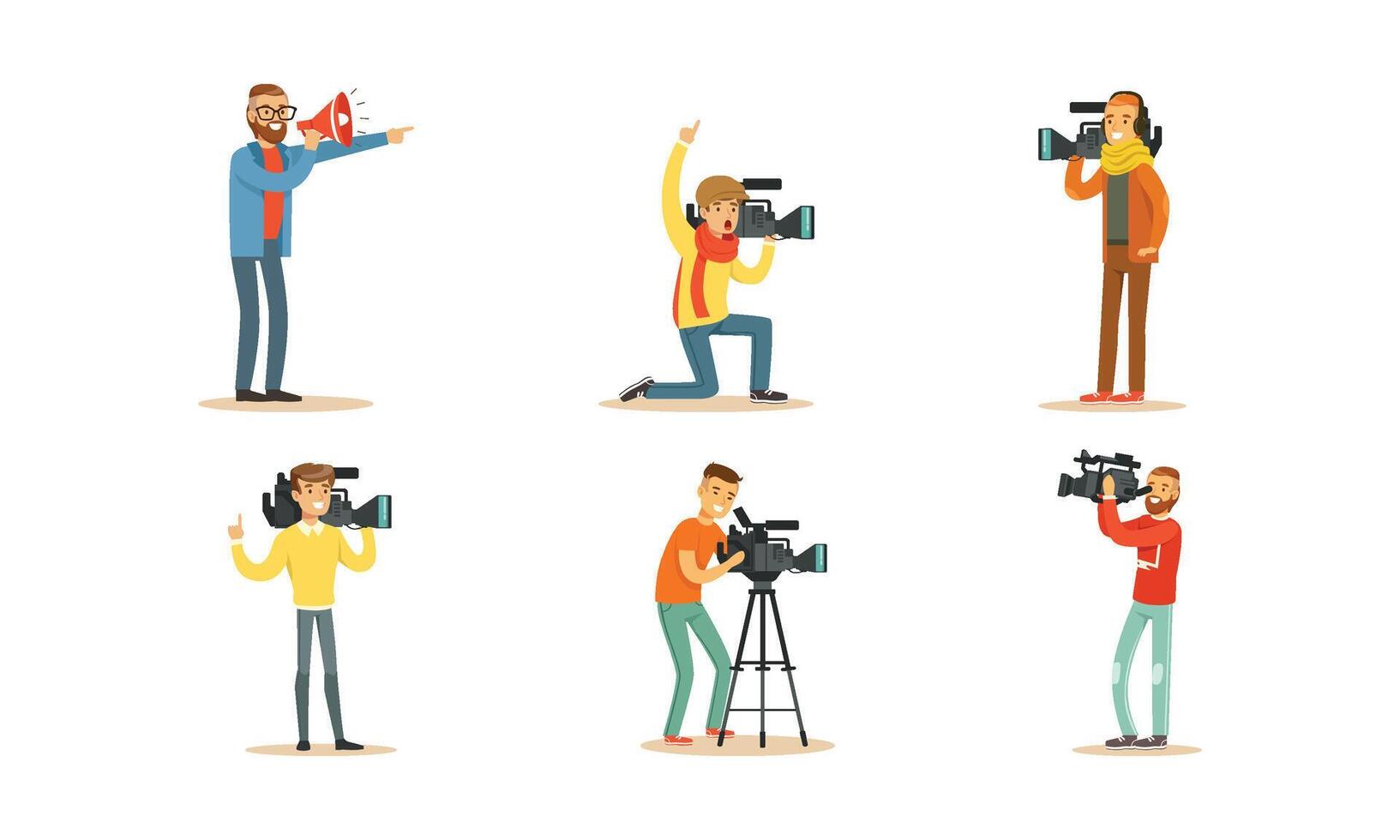 People Characters Shooting News and Journalists Doing Reportages Set vector