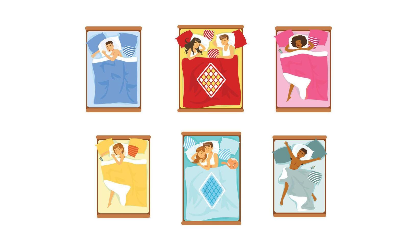 People Sleeping In Different Positions in Bed At Home Top Viewed Illustrations vector