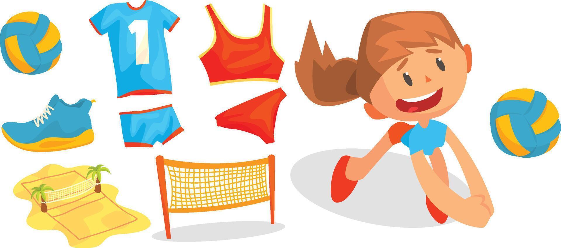 Beach Volleyball Attributes and Girl Playing with Ball Set vector