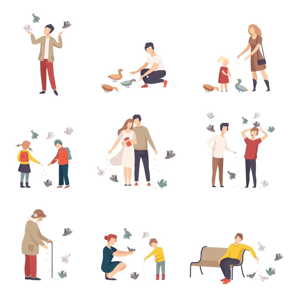 People Characters Walking and Feeding Pigeons on Town Squares Illustrations Set vector