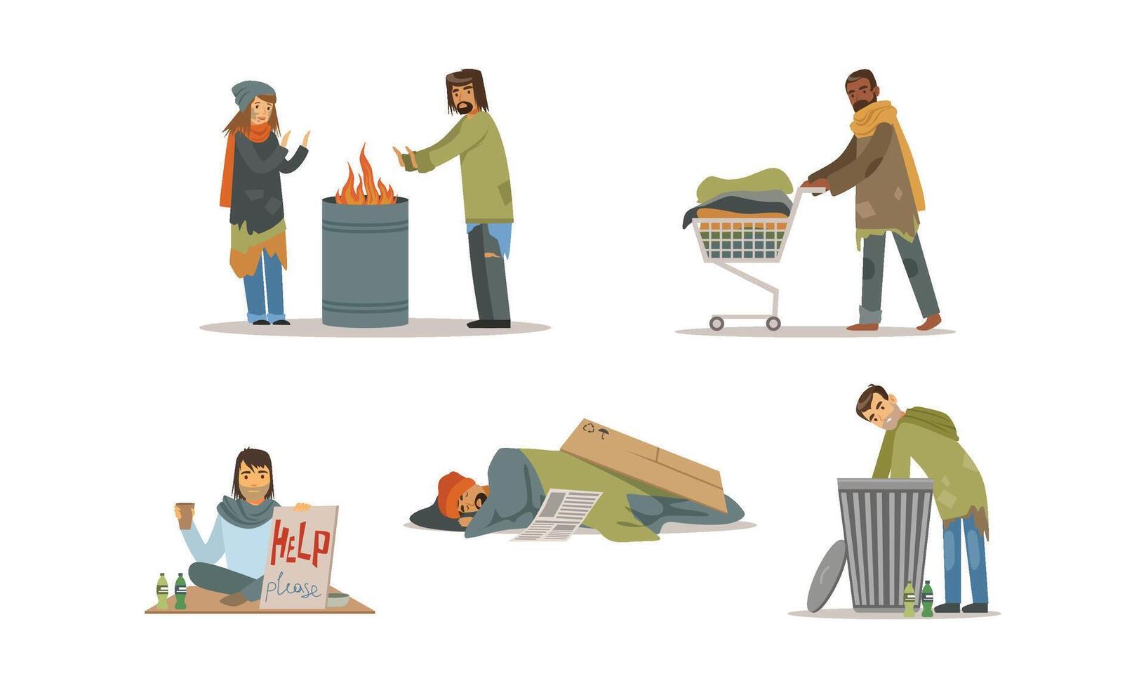 Homeless People Characters Set. Poverty Concept vector