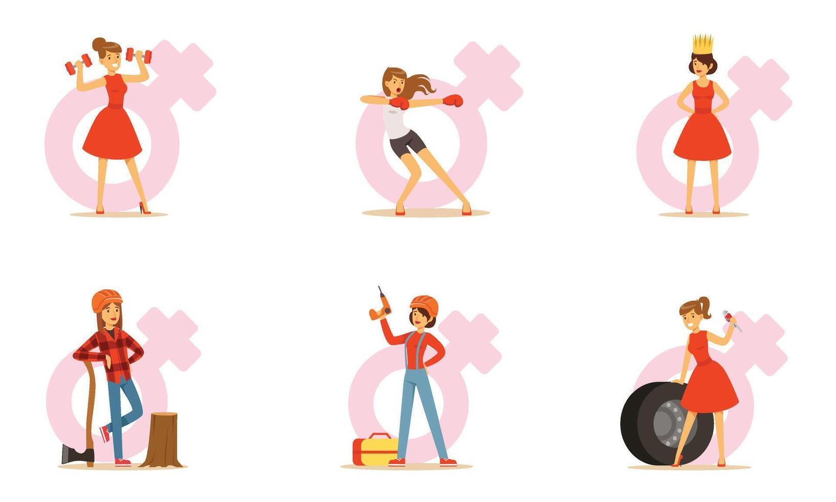 Fragile Woman Doing Traditional Mens Work Illustration Set Isolated On White Background vector