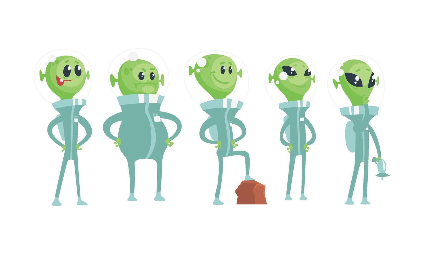 Cartoon Alien Characters Wearing Space Costume Set vector