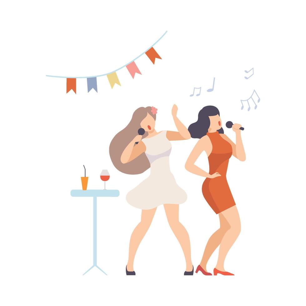 Two Cheerful Women Sing Into Microphones On Party Illustration Cartoon Character vector