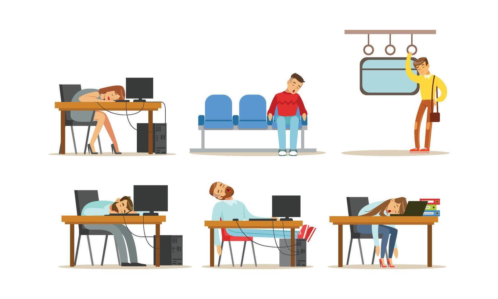 People Sleeping In Different Positions in Various Places Illustrations vector