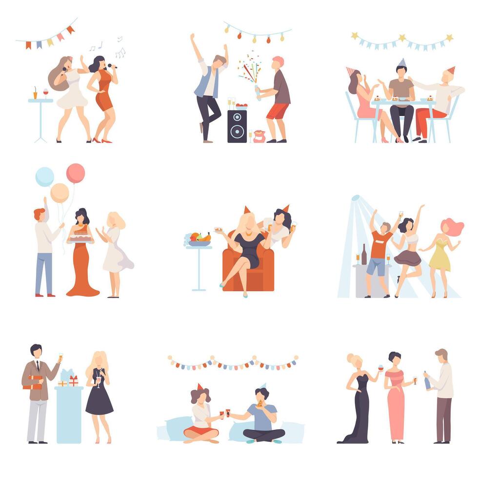 Holidays And Events, People Having Fun At Party, Singing, Congratulating Each Other Illustration Set Isolated On White Background vector