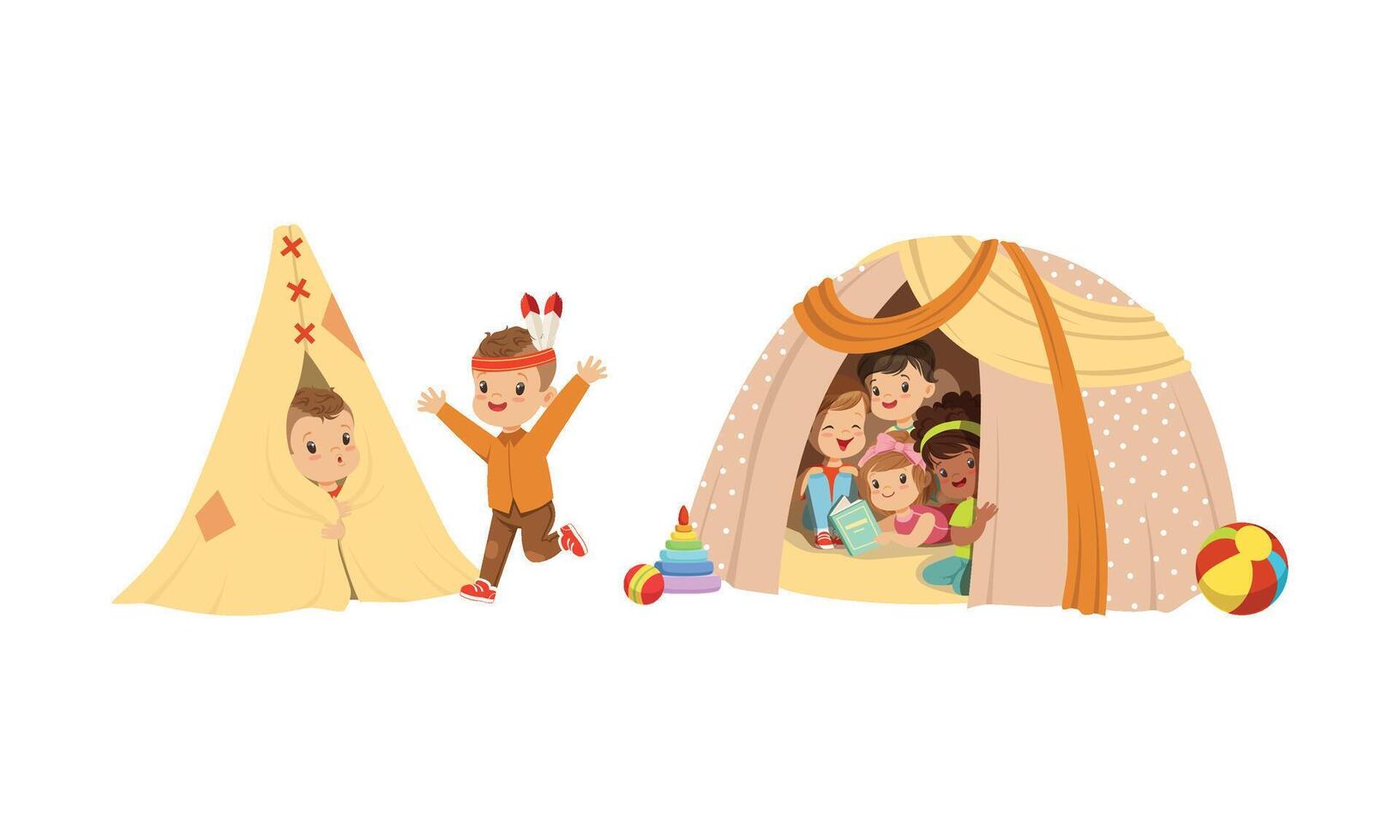 Little Children Sitting and Playing in Handmade Tent At Home Set vector