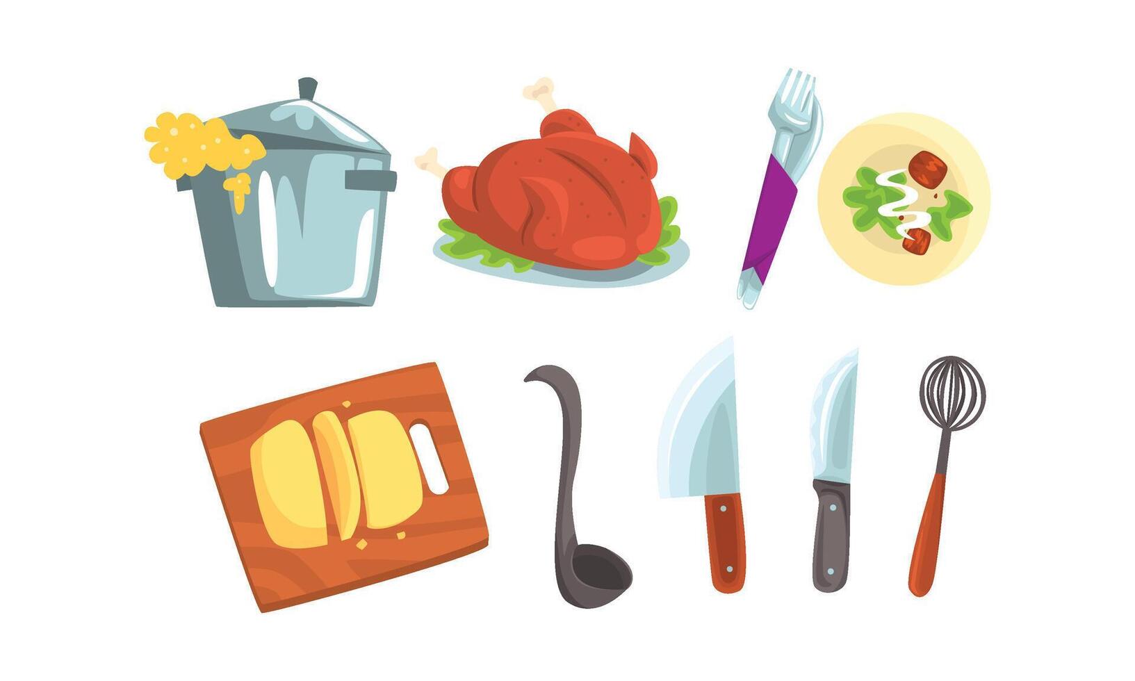 Cooking Process Illustrated Set. Kitchenware and Served Dishes Collection vector
