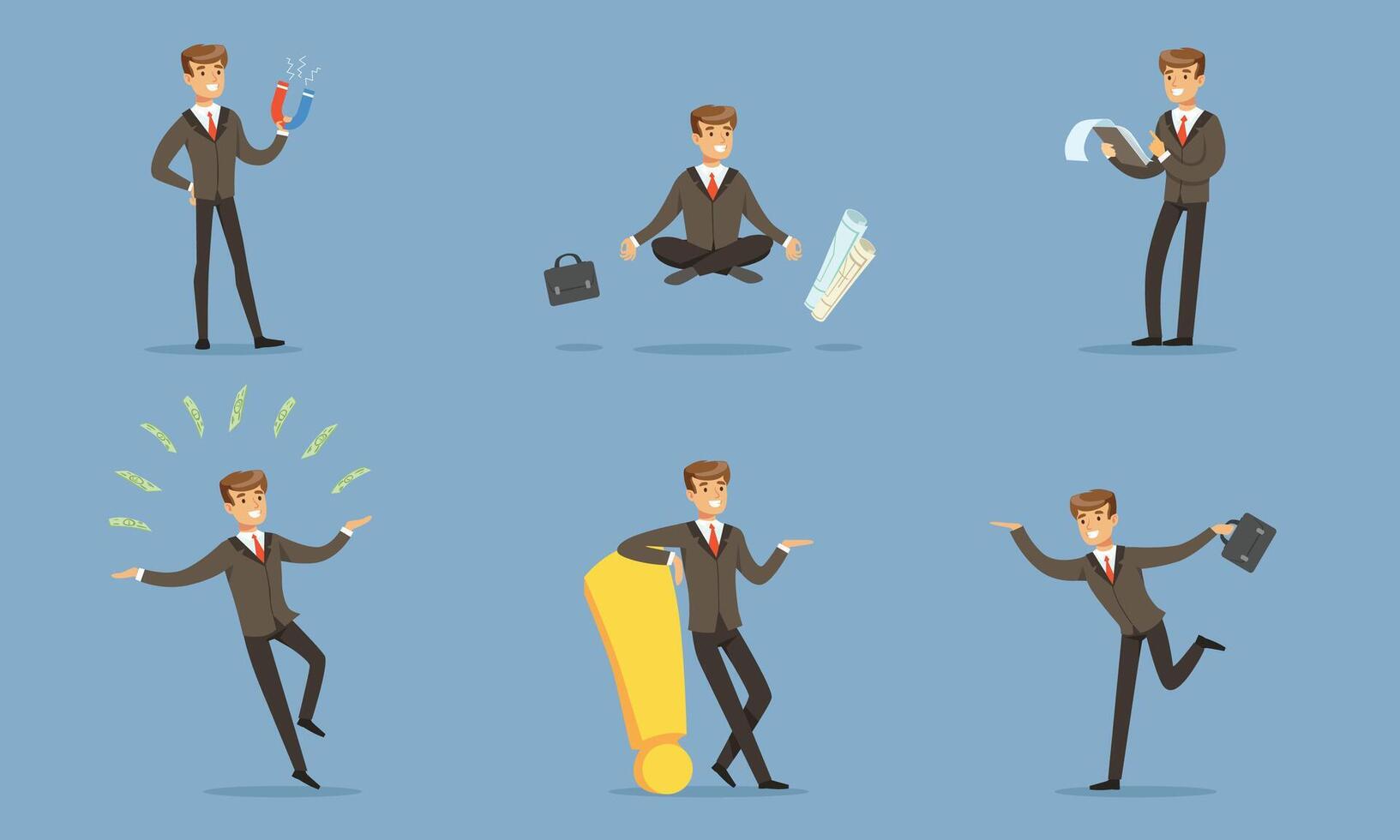 Successful Manager In A Business Suit Doing The Daily Work In The Office Illustration Set Isolated On Blue Background vector