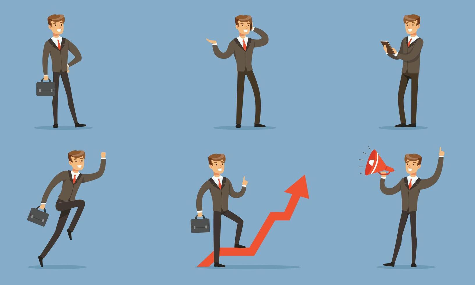 Handsome Businessman In Business Suit With Tie In Different Poses Illustration Set Isolated On Blue Background vector