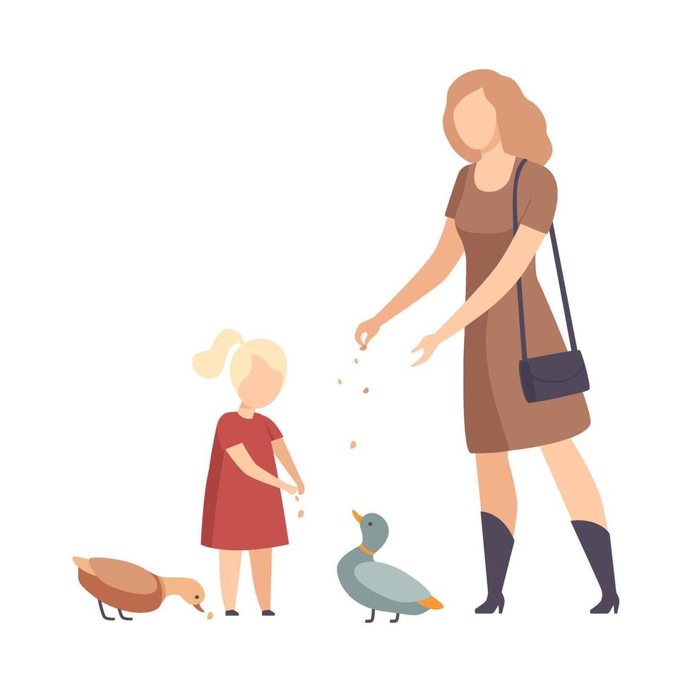 Woman Walking with Her Daughter in the Park and Feeding Ducks Illustration vector