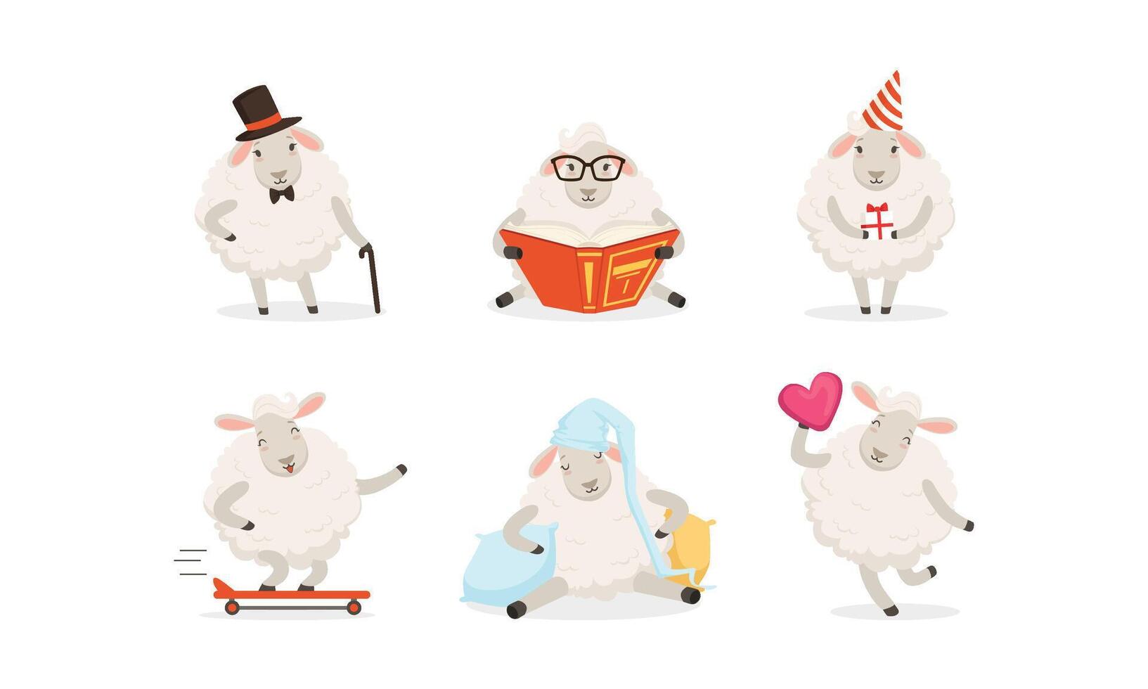 Cute Cartoon Sheep Set. Farm Wooly Character Reading Book vector