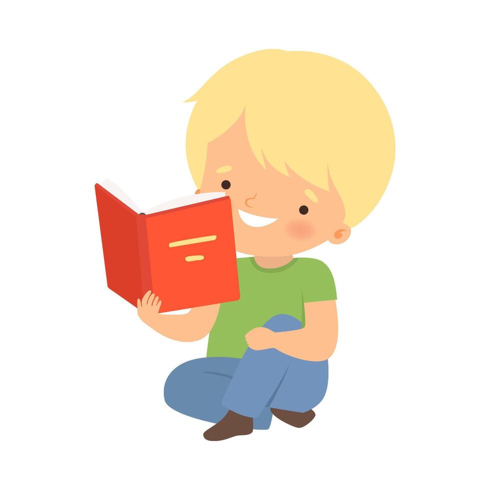 Boy Character Sitting on Floor and Learning How to Read vector