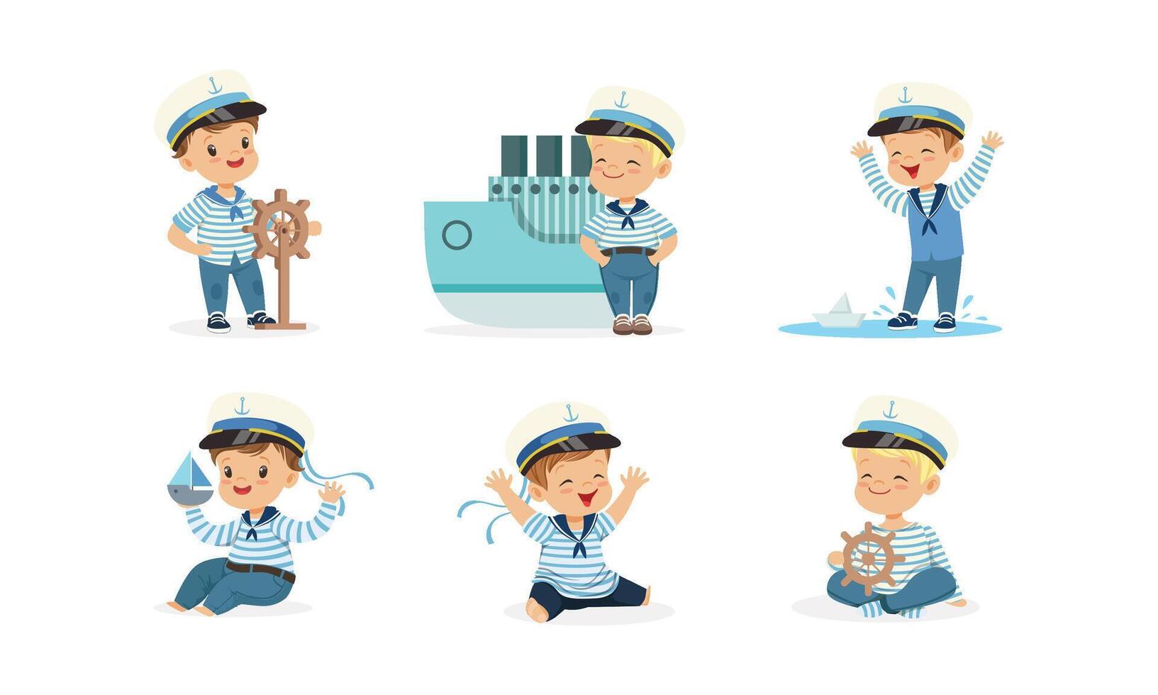 Cute Little Boy Character Wearing Mariner Uniform Illustrations Set vector