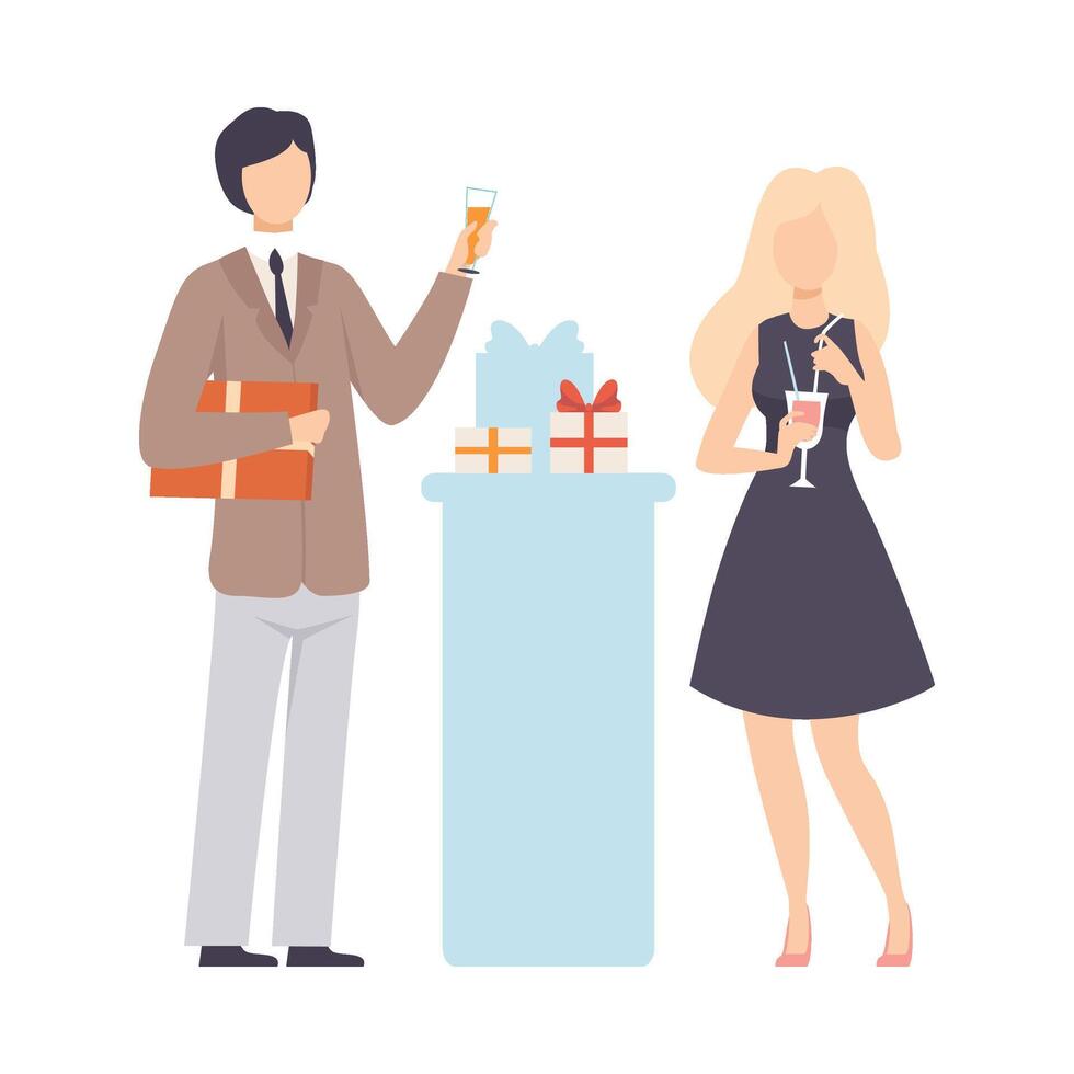 Guy In Jacket Wishing Girl Happy Birthday And Pronouncing Toast Illustration Isolated On White Background vector