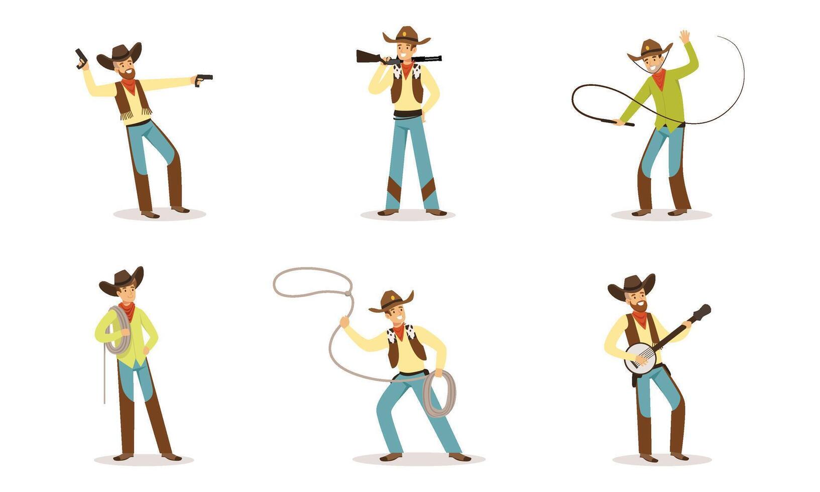 Funny Cartoon Character Of Western Cowboy With Wild West Attributes Illustration Set Isolated On White Background vector
