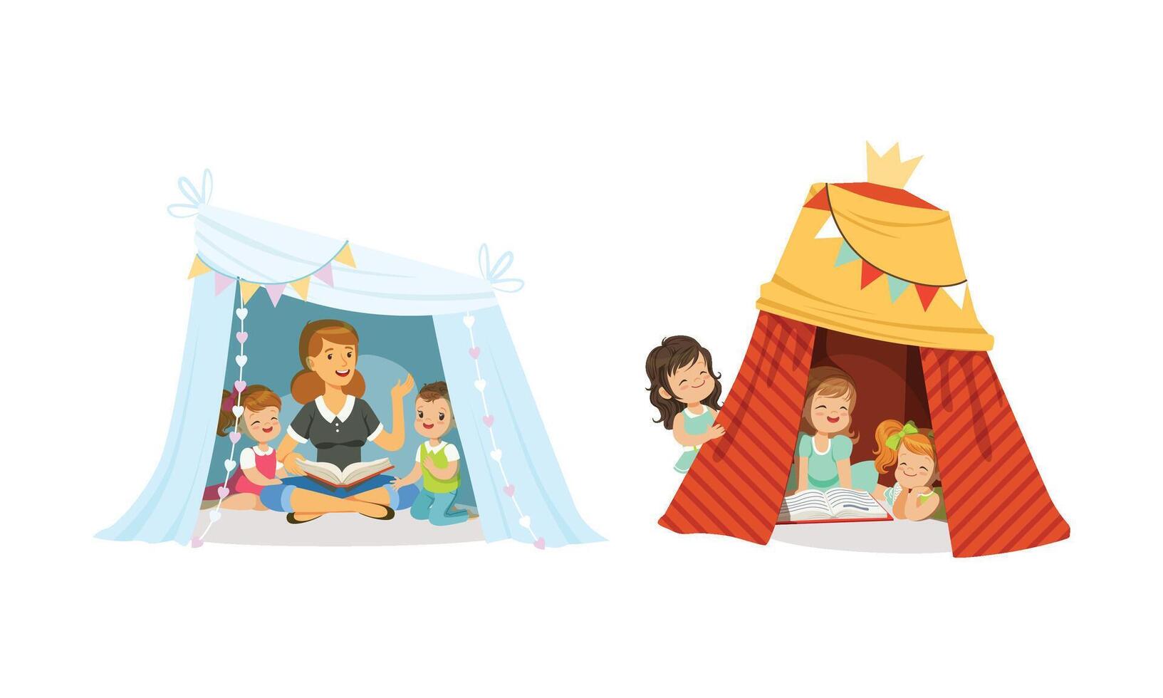 Little Children Sitting and Playing in Handmade Tent At Home Set vector