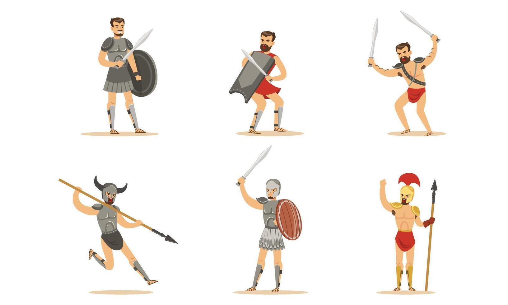 Gladiator The Armed Combatant Of Roman Empire Illustration Set Isolated On White Background vector