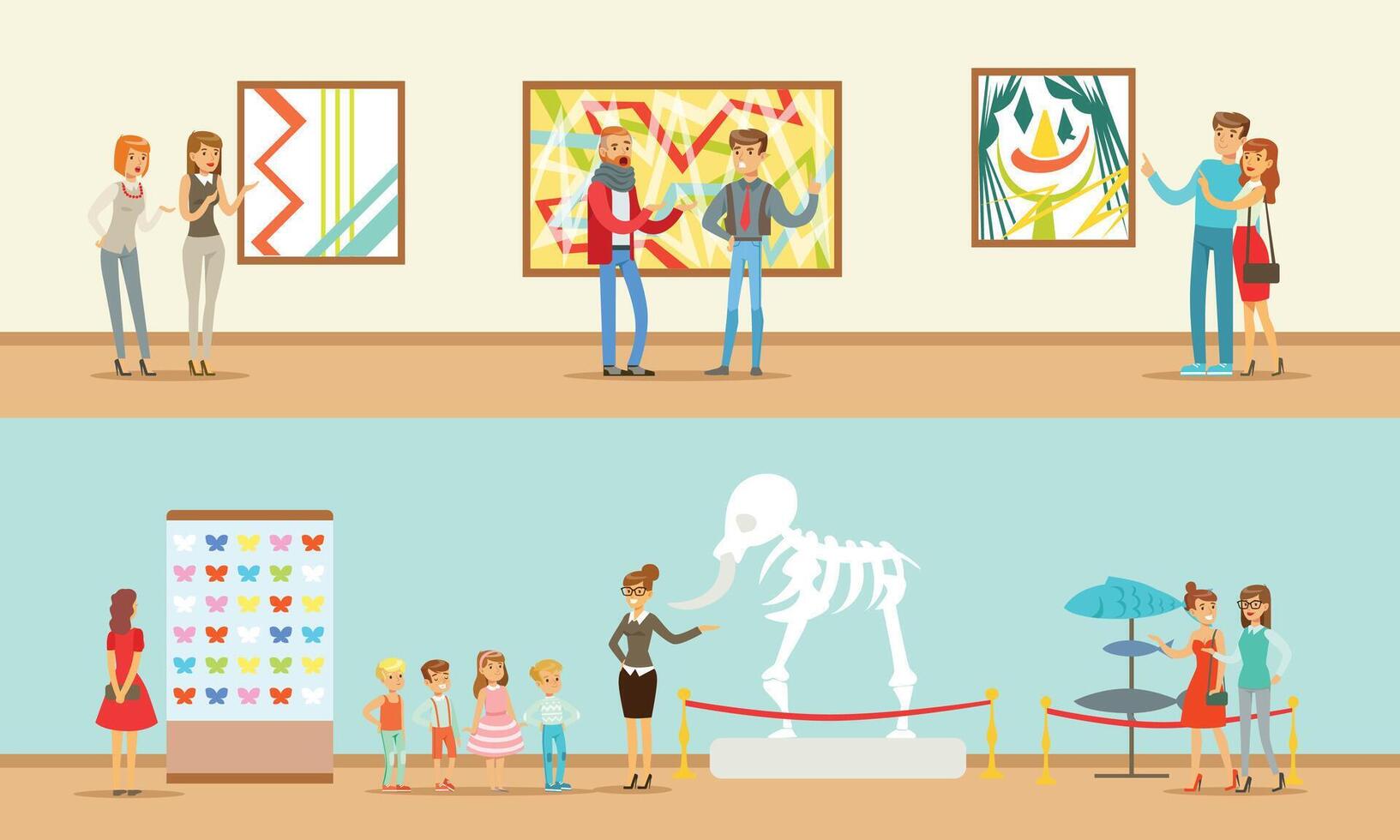 Museum Visitors Taking Museum Tour With And Without Guide Illustrations vector