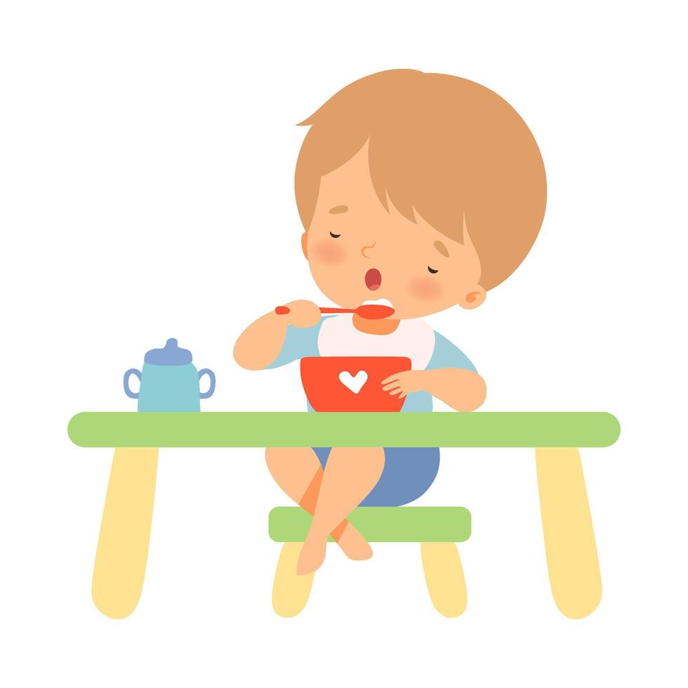 Little Boy Eating On His Own Illustration vector