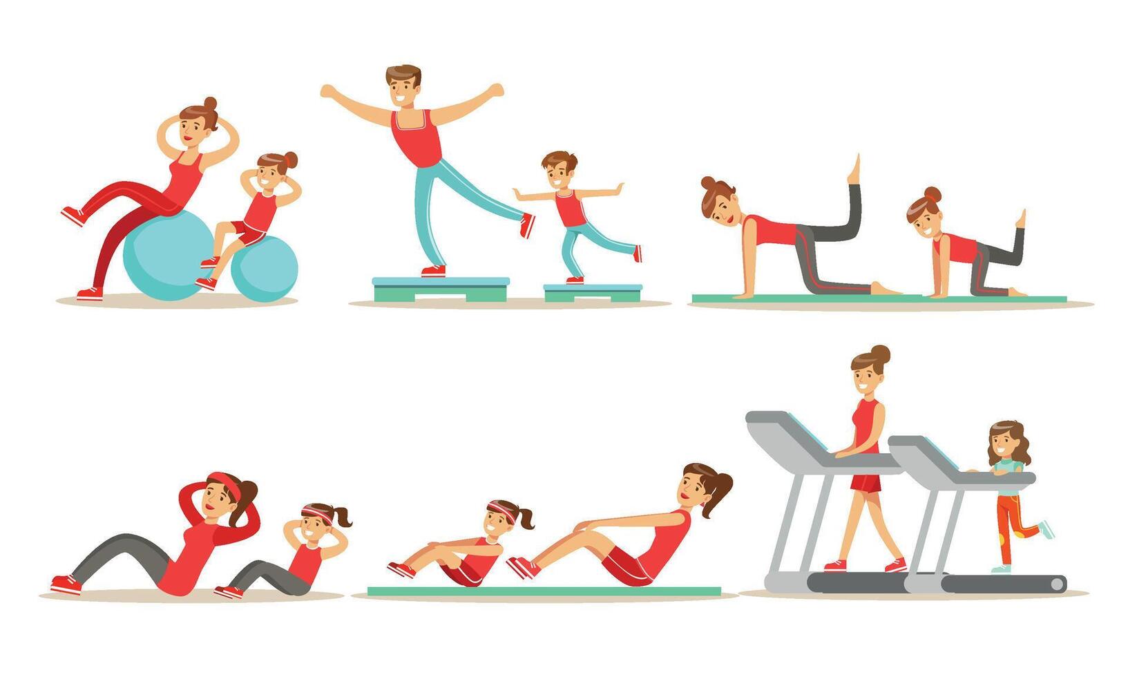 Parents With Kids Doing Fitness Exercises Together Illustration Set Isolated On White Background vector
