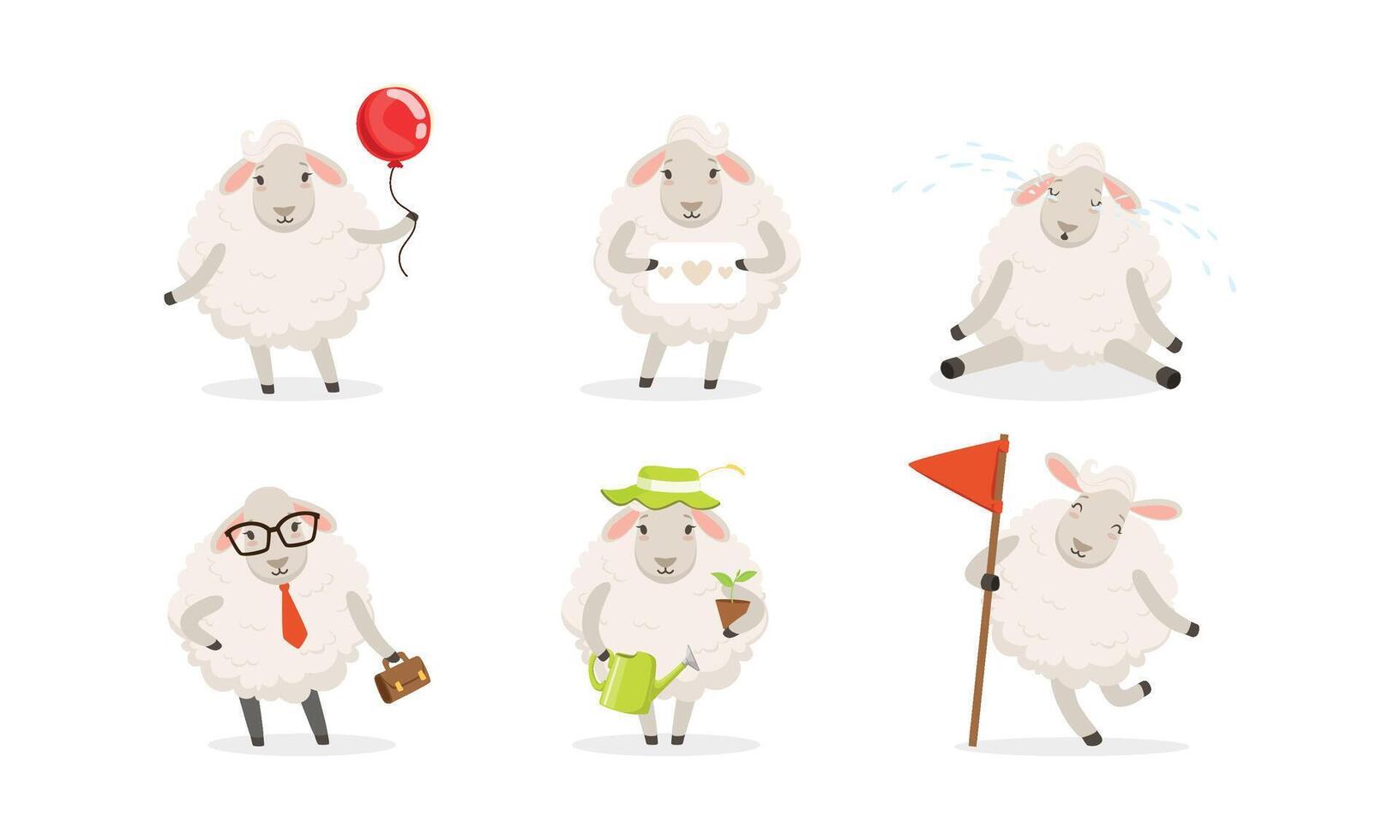 Cute Cartoon Sheep Set. Farm Wooly Character Watering Plant vector