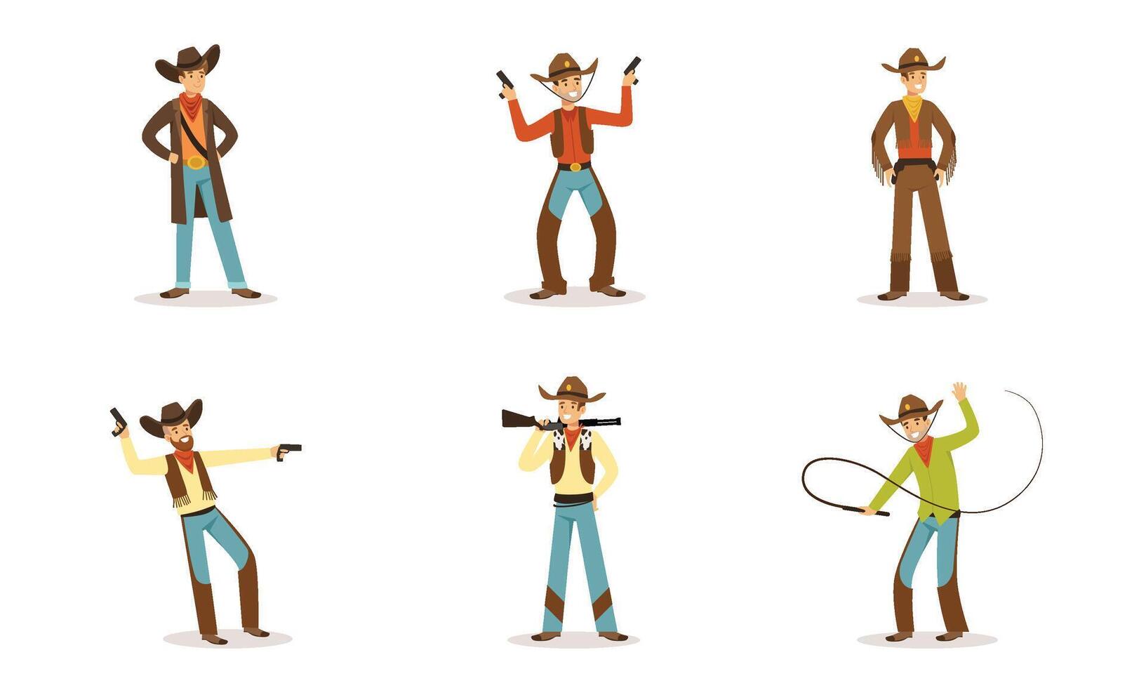 Cowboy Western Character In Traditional Clothes In Different Poses And Actions Illustration Set Isolated On White Background vector