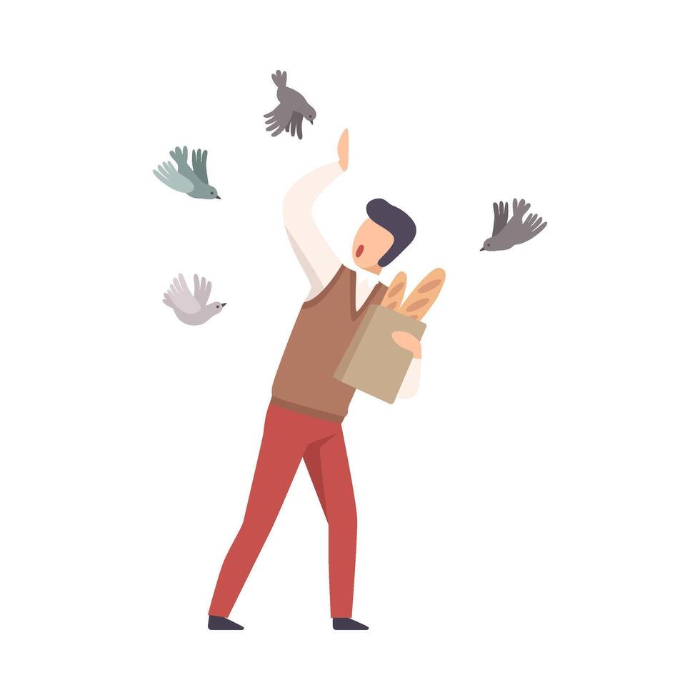 Young Faceless Man Shrinking From Pigeons Illustration vector