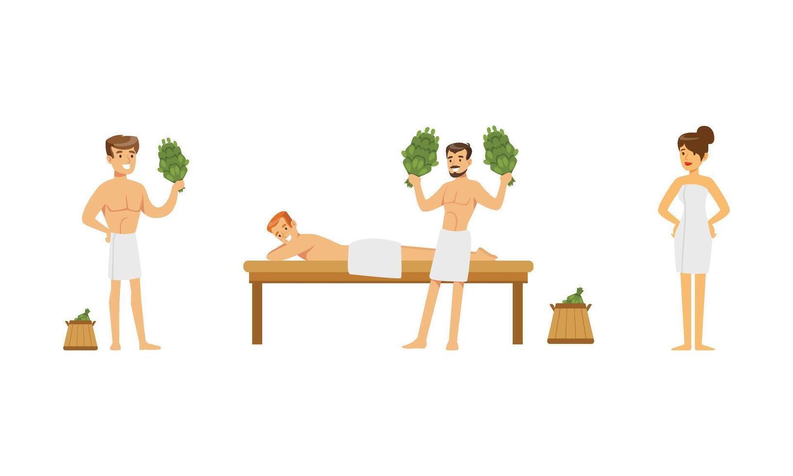 People Characters Wearing Towels Enjoying Sauna Procedures Illustrations vector