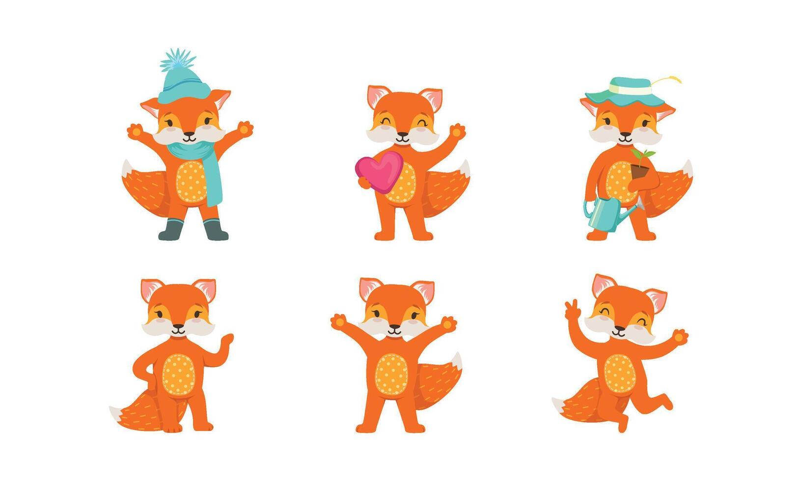 Cute Fox Cartoon Character Set. Forest Creature Holding Heart vector