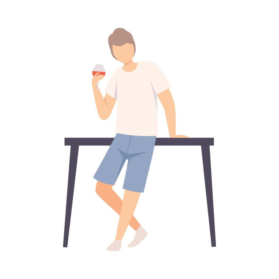 Guy In Casual Style Clothes Leaned On Table And Drinking Wine Illustration Isolated On White Background vector