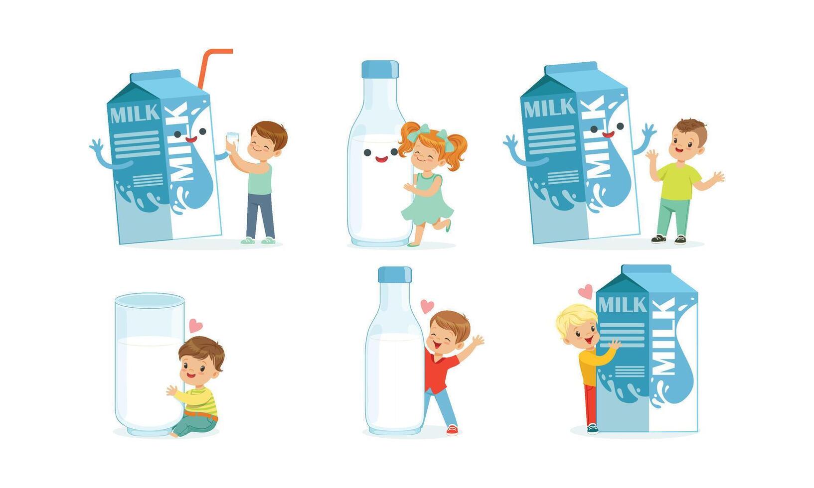 Little Children Having Fun with Big Carton of Milk Set vector