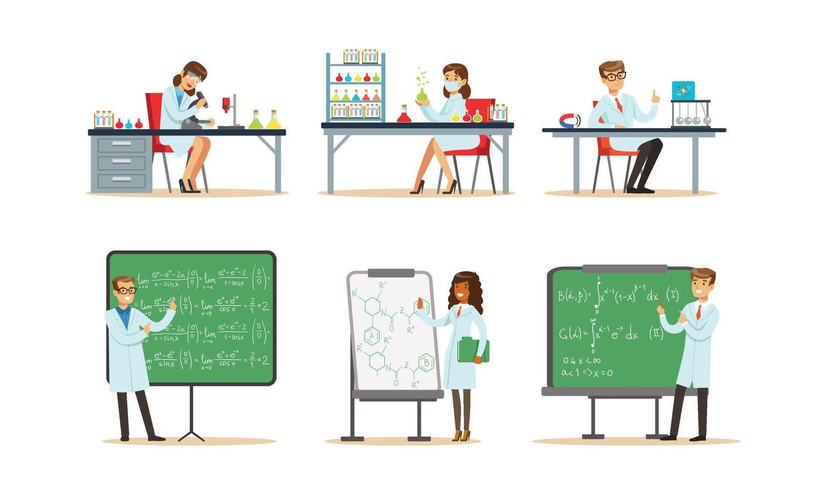 Scientists Doing Researches and Calculations in the Laboratory Illustrations Set vector