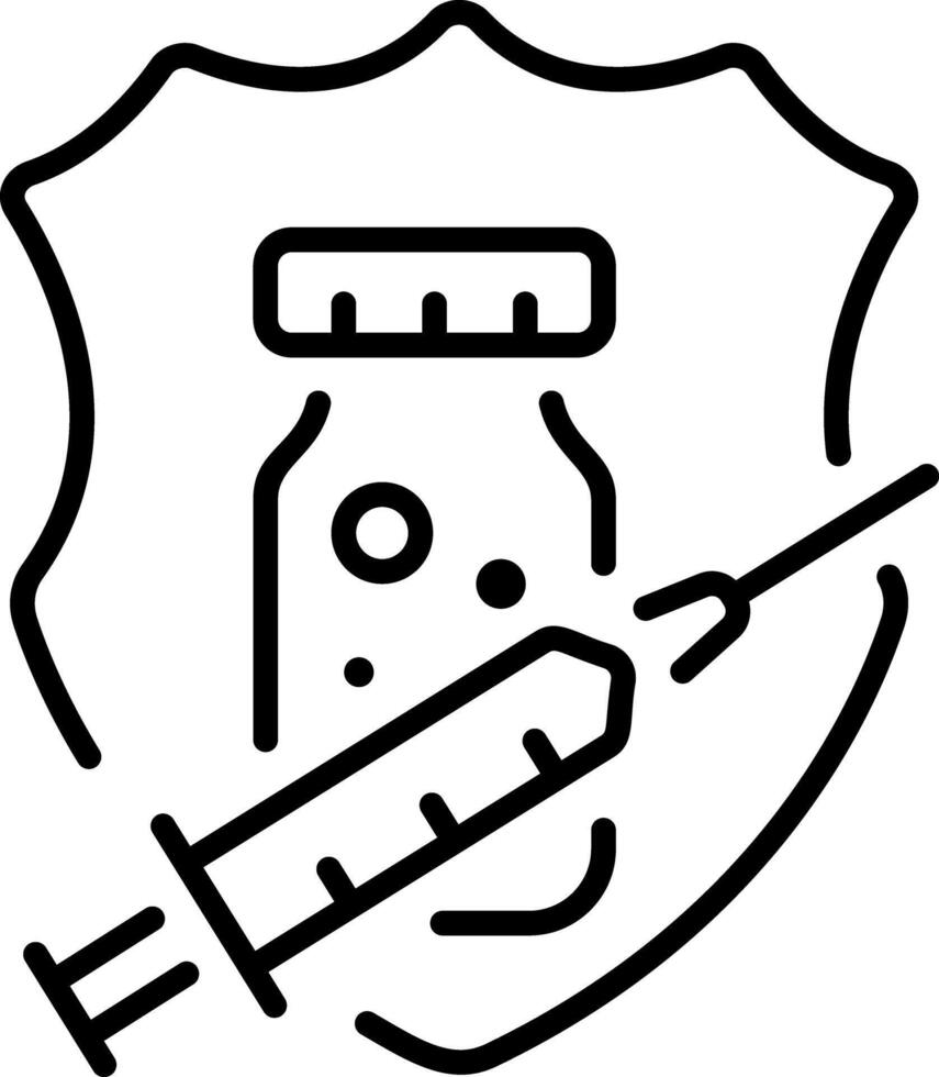 A line icon of tablet bottle with an injection showing medication safety vector