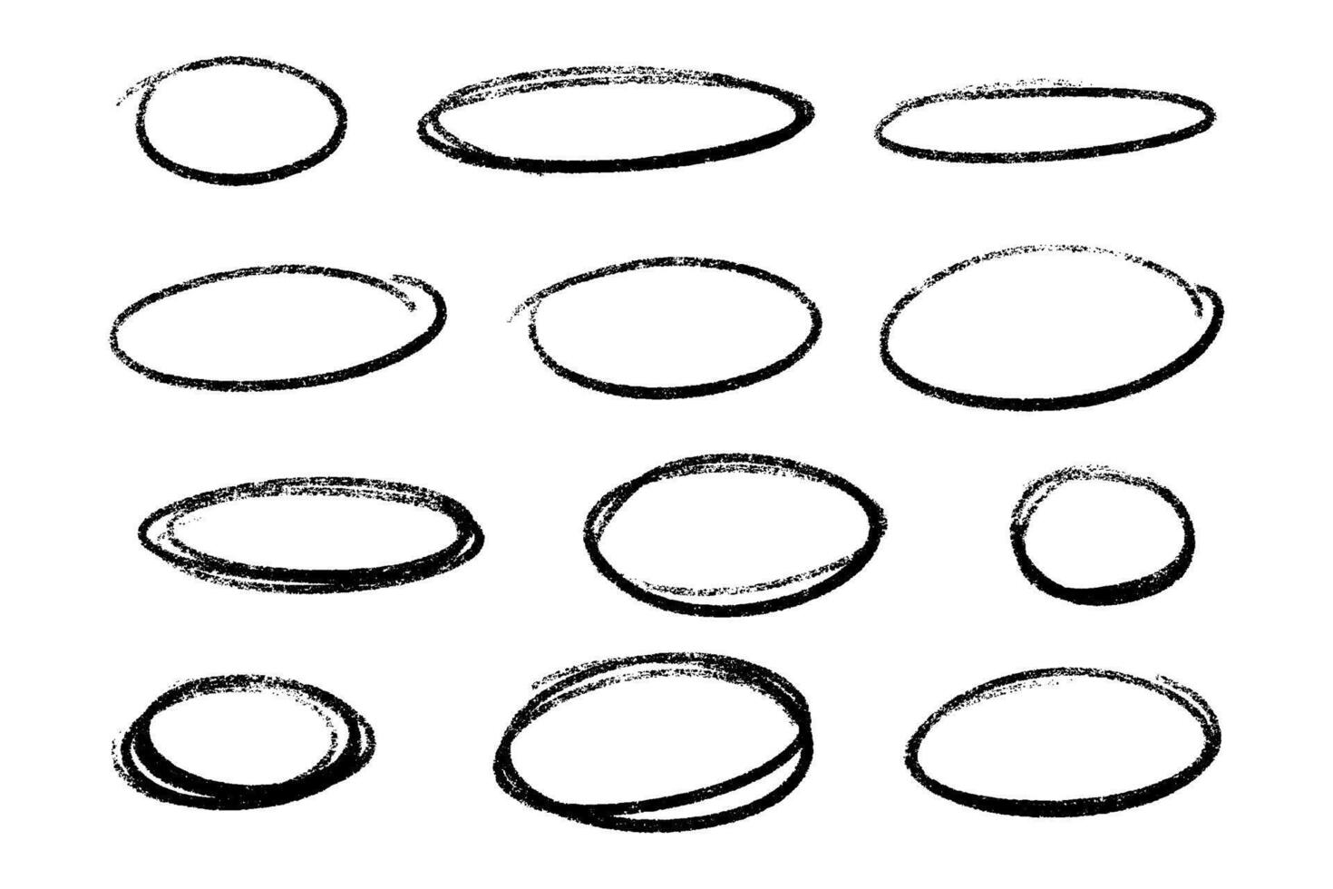 Crayon highlight set of black oval frames with distressed texture. vector