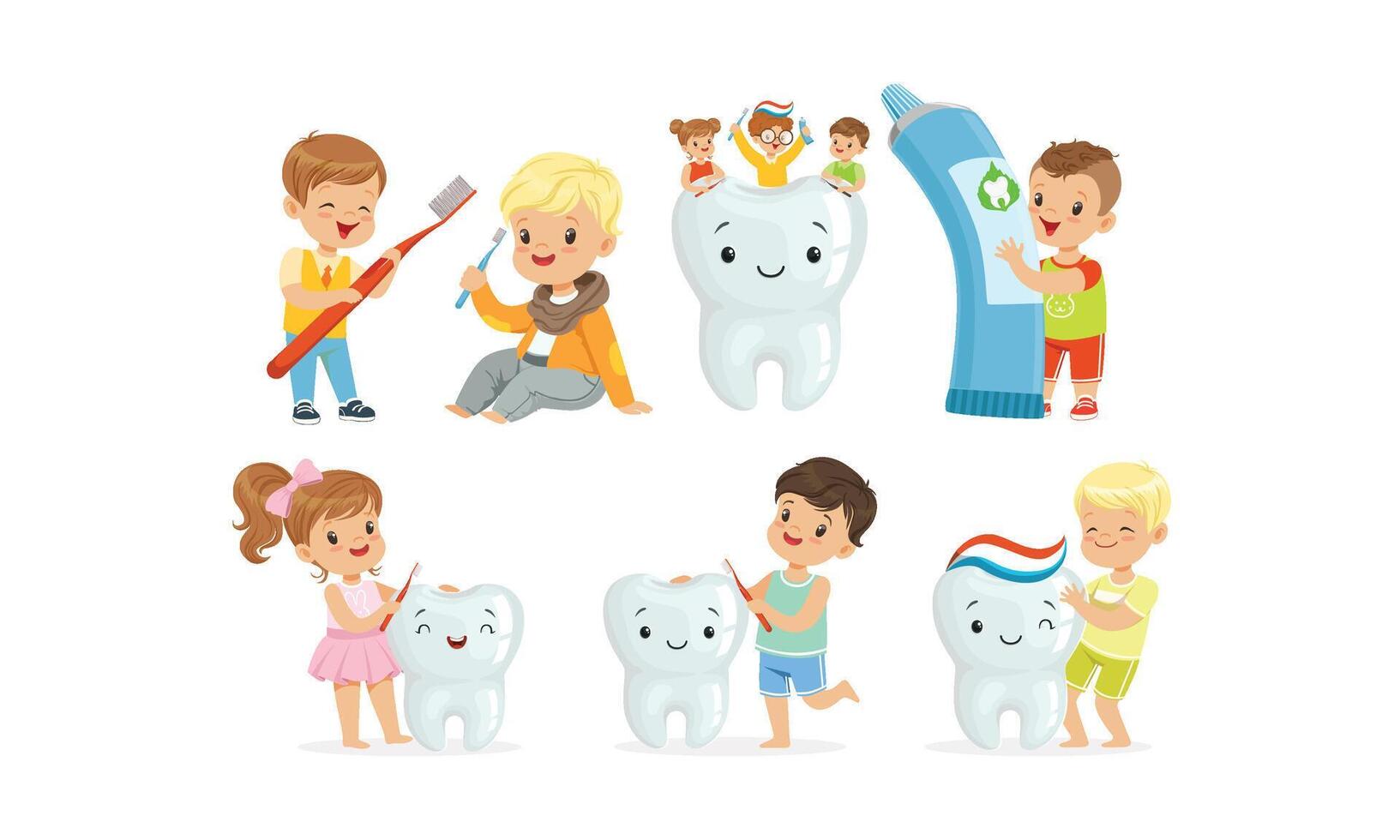 Little Kids Taking Care of Tooth Purity Brushing it With Toothbrush Illustrations Set vector