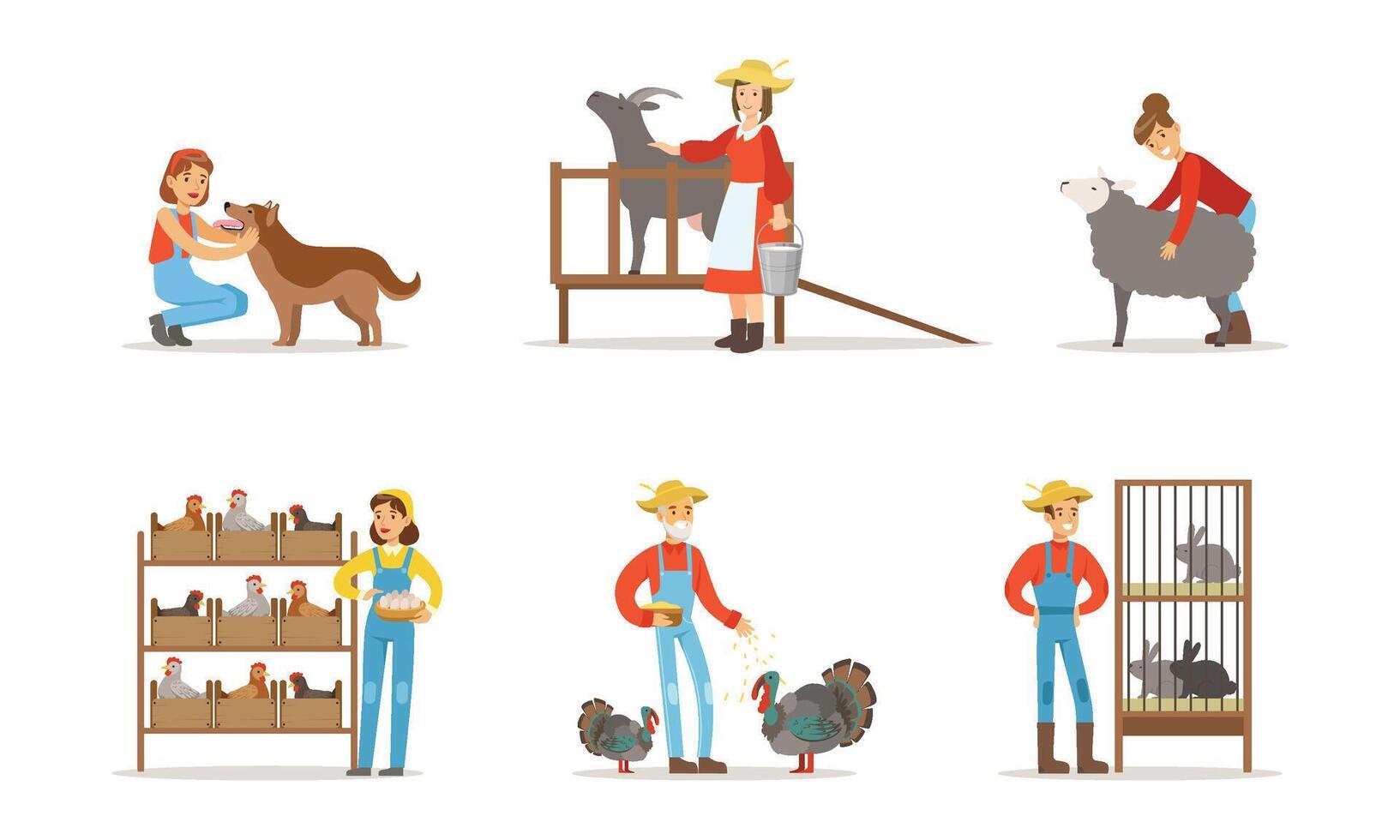 Man and Woman Farmers Taking Care About Domestic Animals on the Farm Illustrations Set. vector