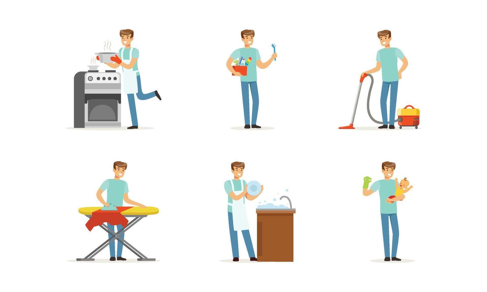Handsome Young Man Occupied with Household Illustrations vector