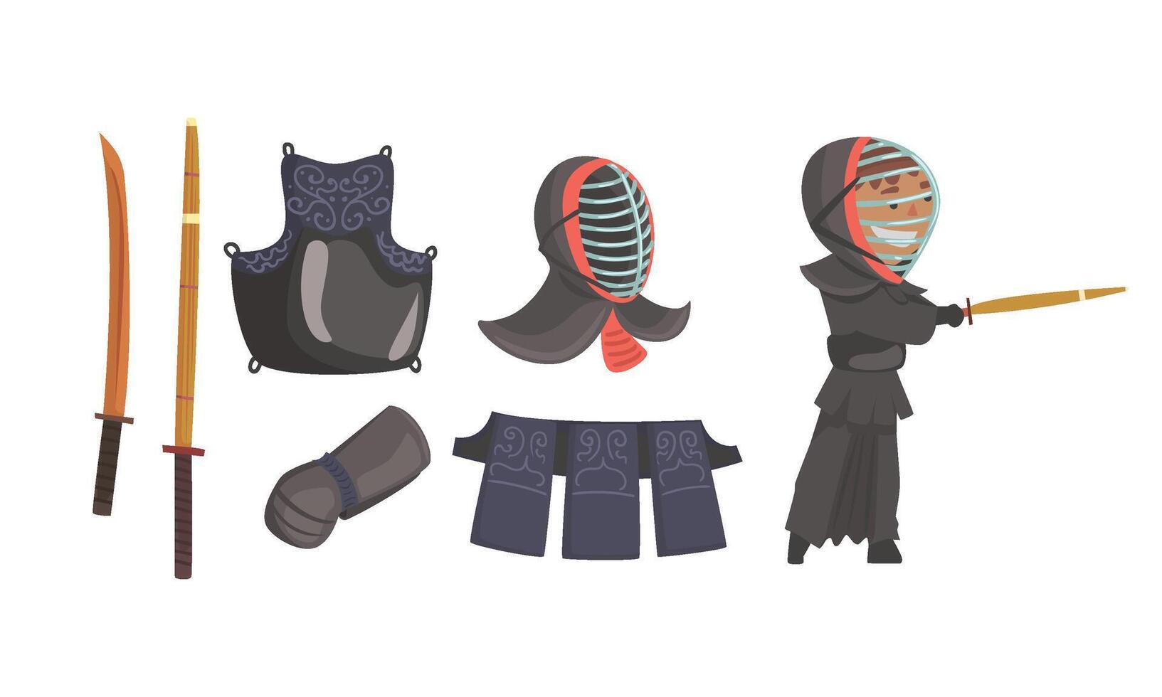 Kendo Attributes Illustrated Set. Clothing Character Holding Bamboo Sword Ready to Fight vector