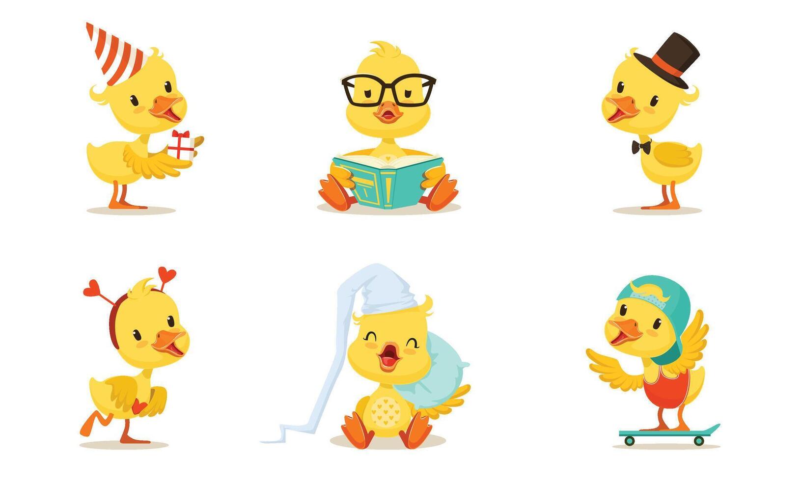 Set Of Cute Animated Chickens In Different Poses Illustration Cartoon Character vector