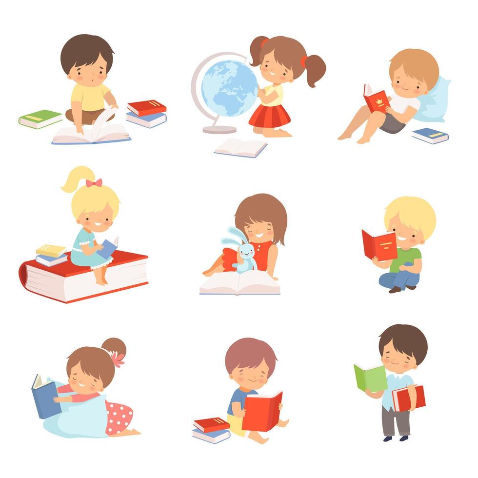 Kid Characters Learning to Read Illustrations Set vector
