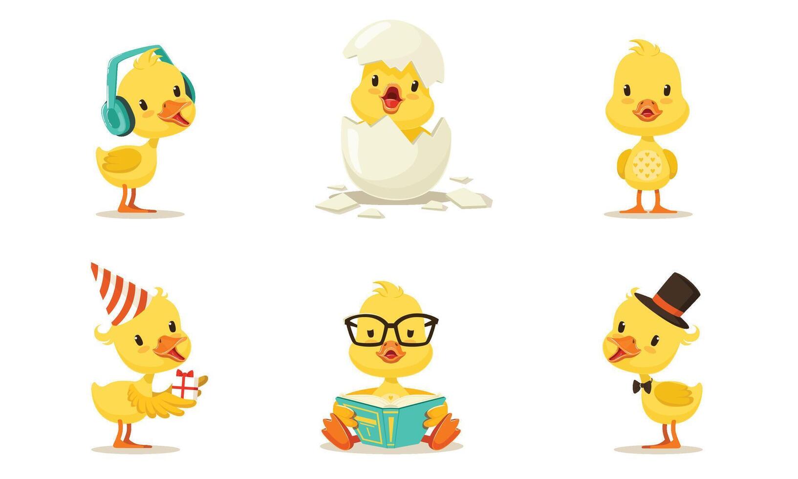 Cute Animated Chickens In Different Poses Illustration Set Cartoon Character vector