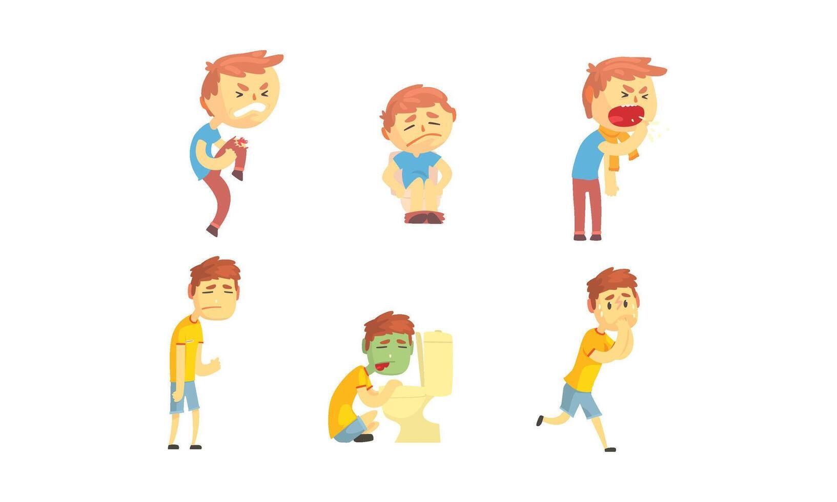 Sick Kid Character Suffering From Chickenpox and Stomachache Set vector