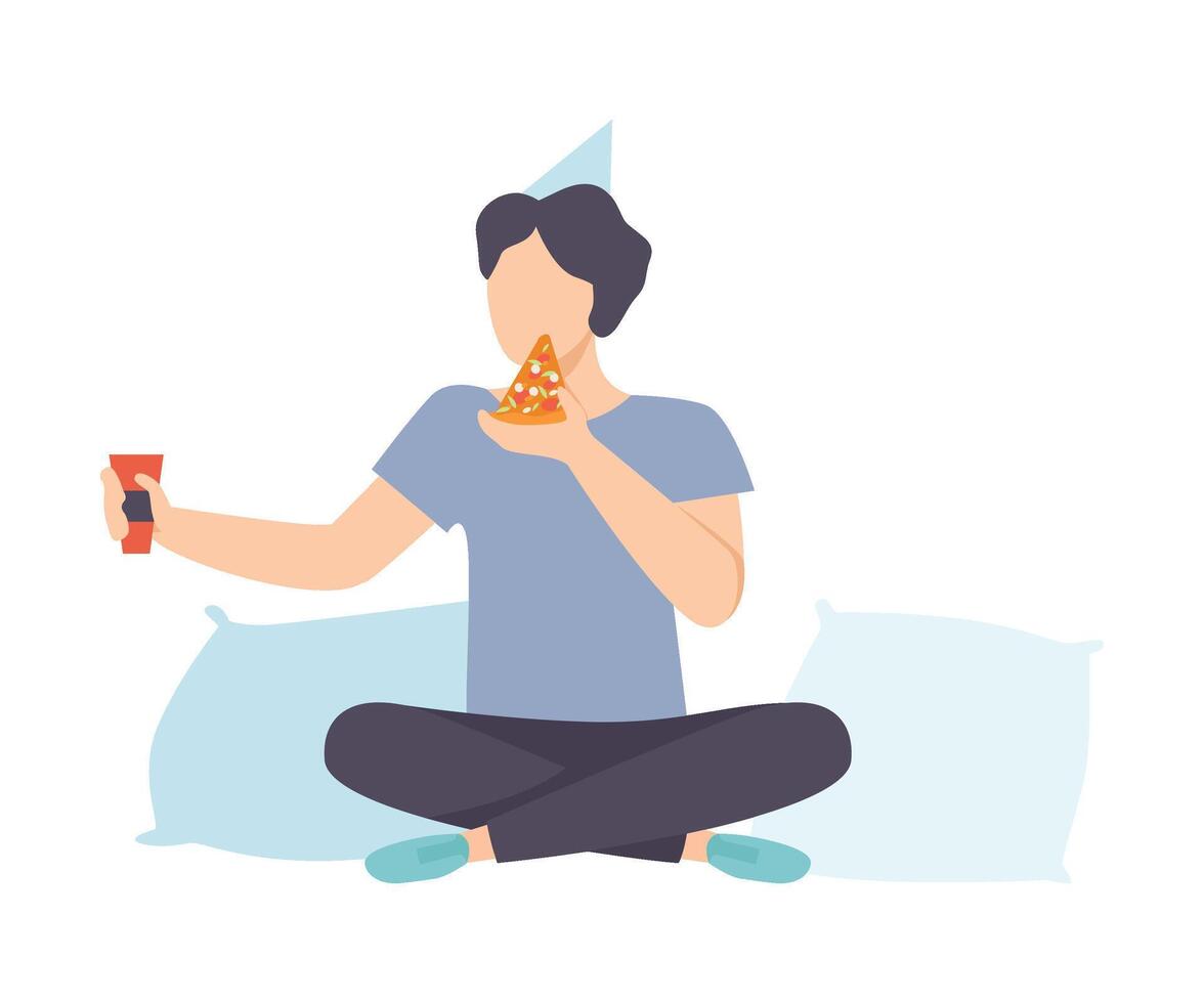 Young Man In Party Hat Sitting With Pizza And Glass Of Wine Illustration vector