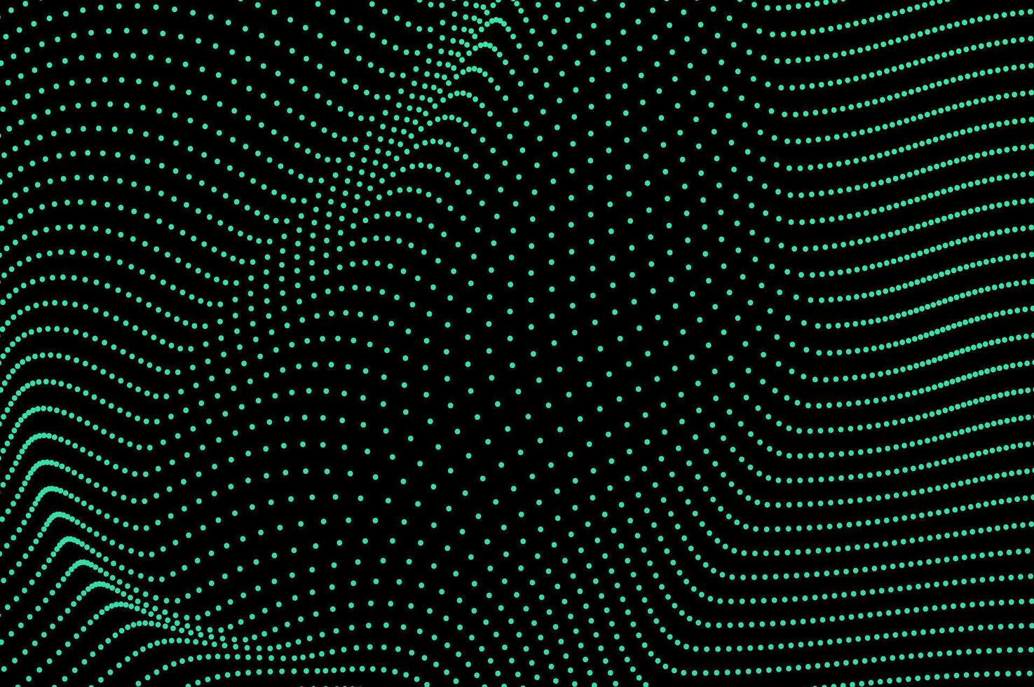 Abstract molecule flowing dots particle wave light green isolated black background. Technology, biology, science and dynamic illustration concept. vector