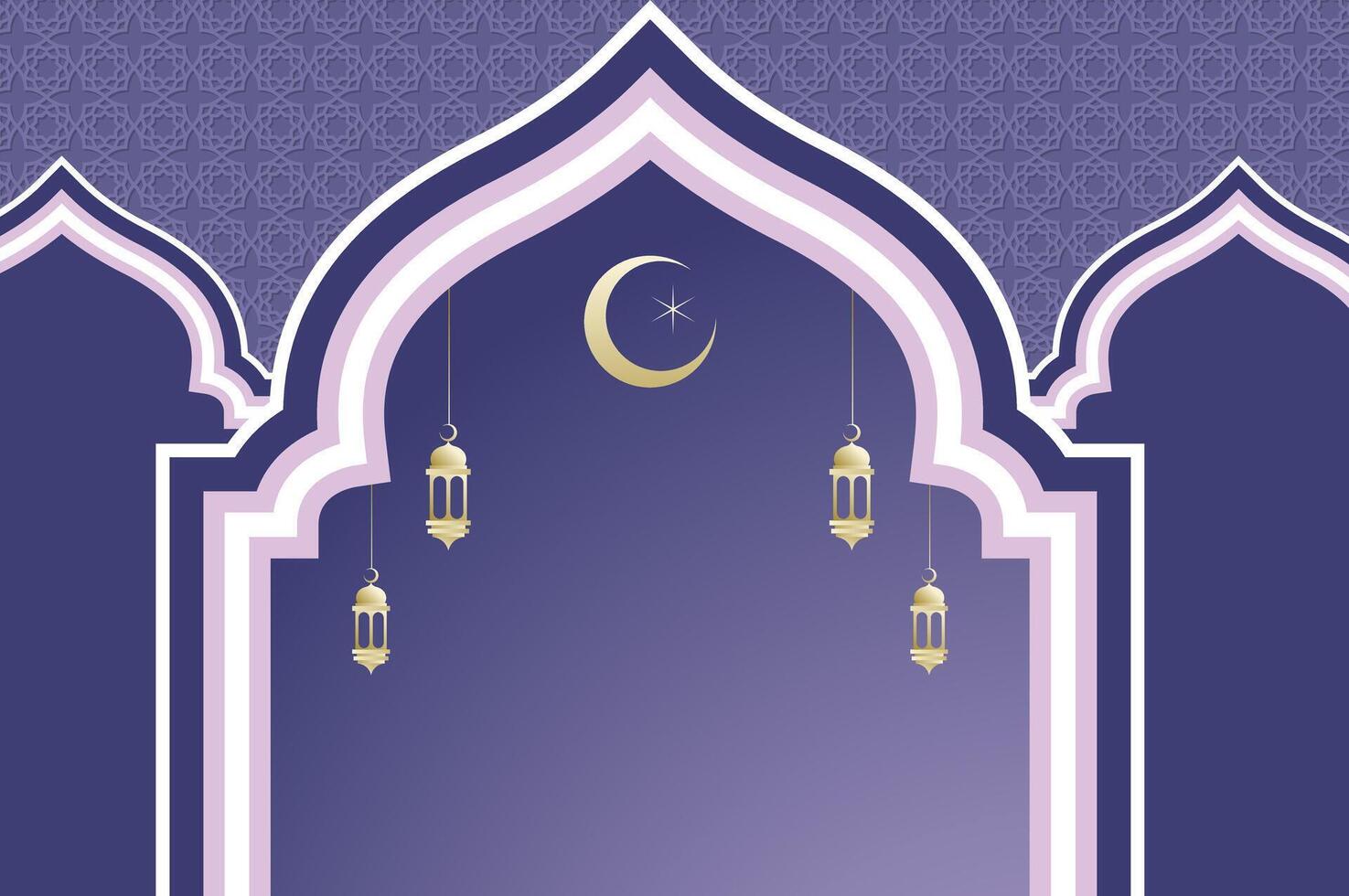 Islamic architecture window with lantern and moon, ramadan background arch arabic on violet color. Islamic ramadan celebration template with copy space. vector