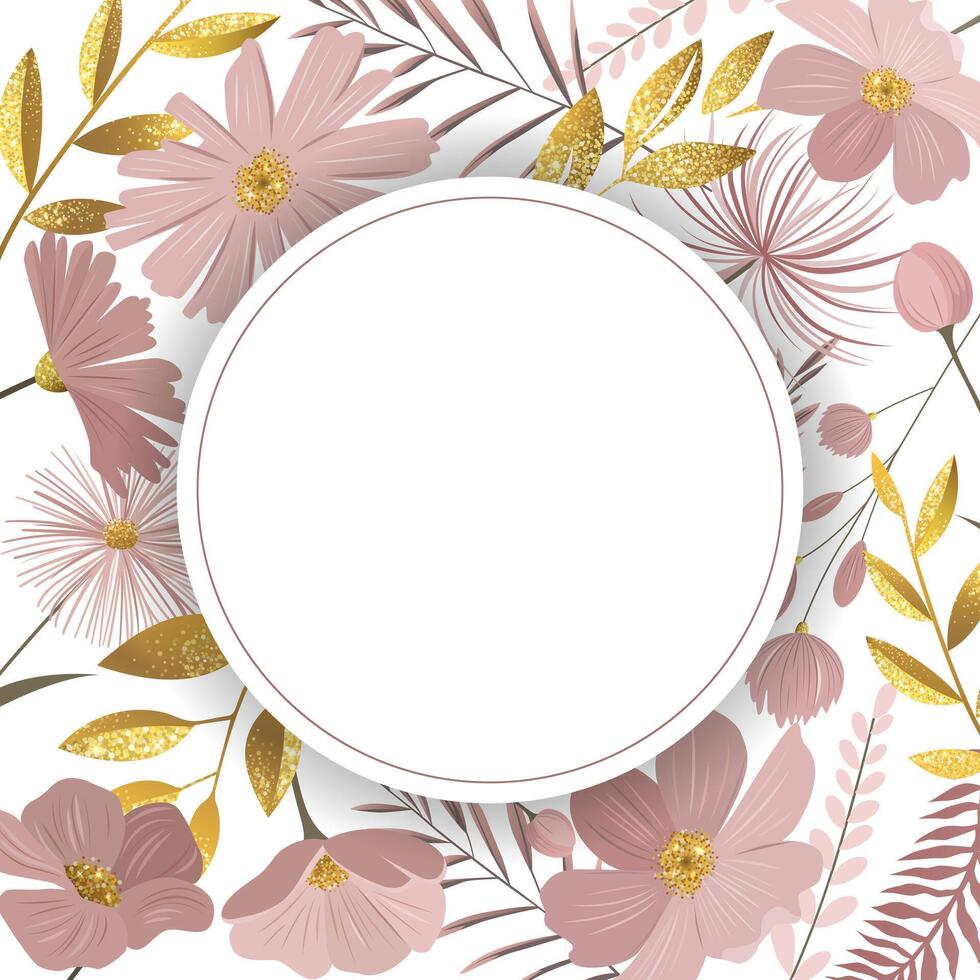 Botanical template with golden leaves and gentle meadow flowers. Round floral frame for greeting card, invitation. vector