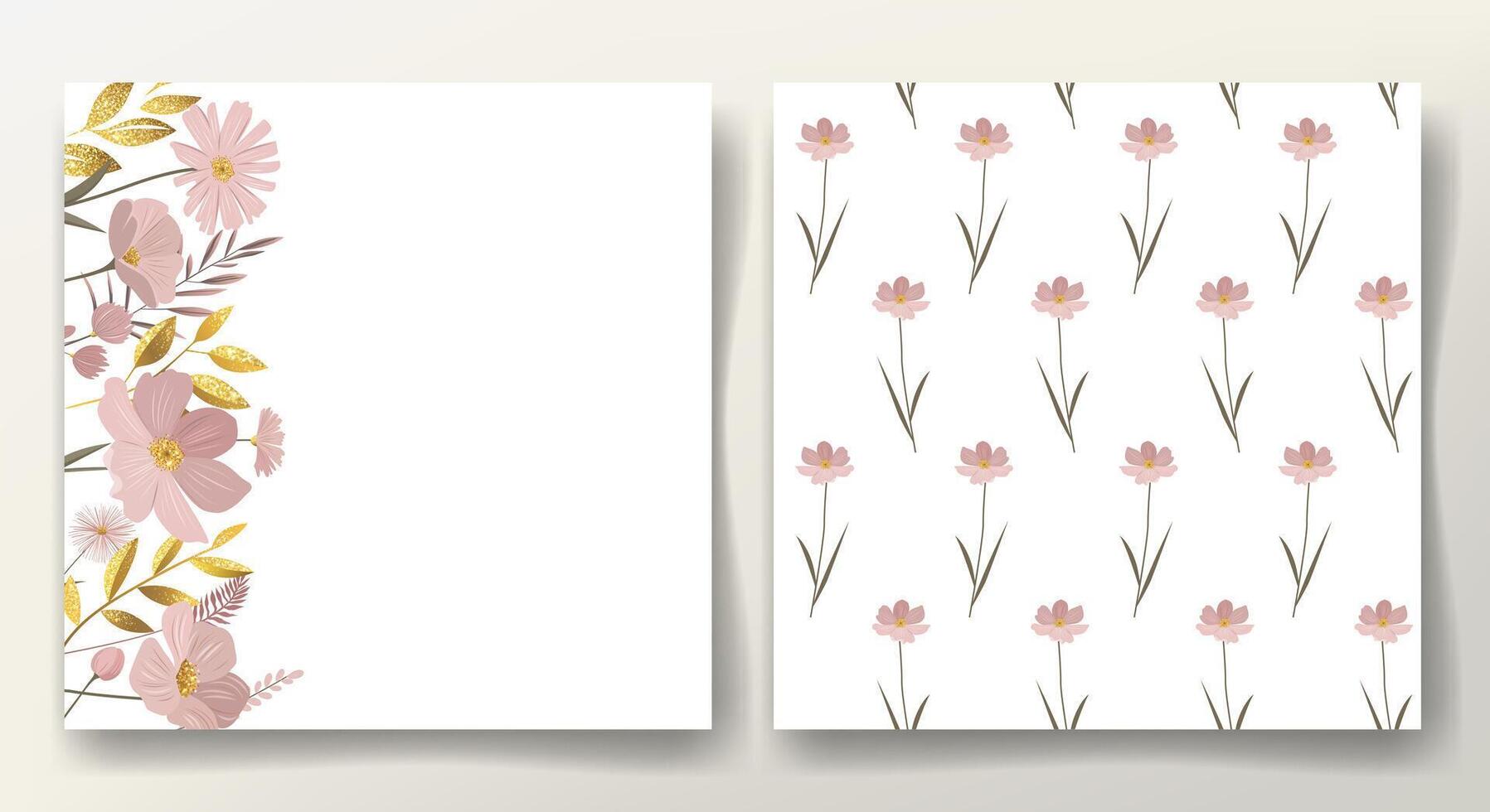 Floral frame. Greeting card and seamless pattern with golden leaves and gentle meadow flowers. Botanical template. vector