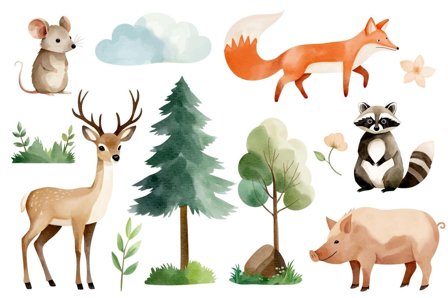 Watercolor woodland animals and forest trees. Set of hand drawn animals. Raccoon, mouse, reindeer, fox, boar vector