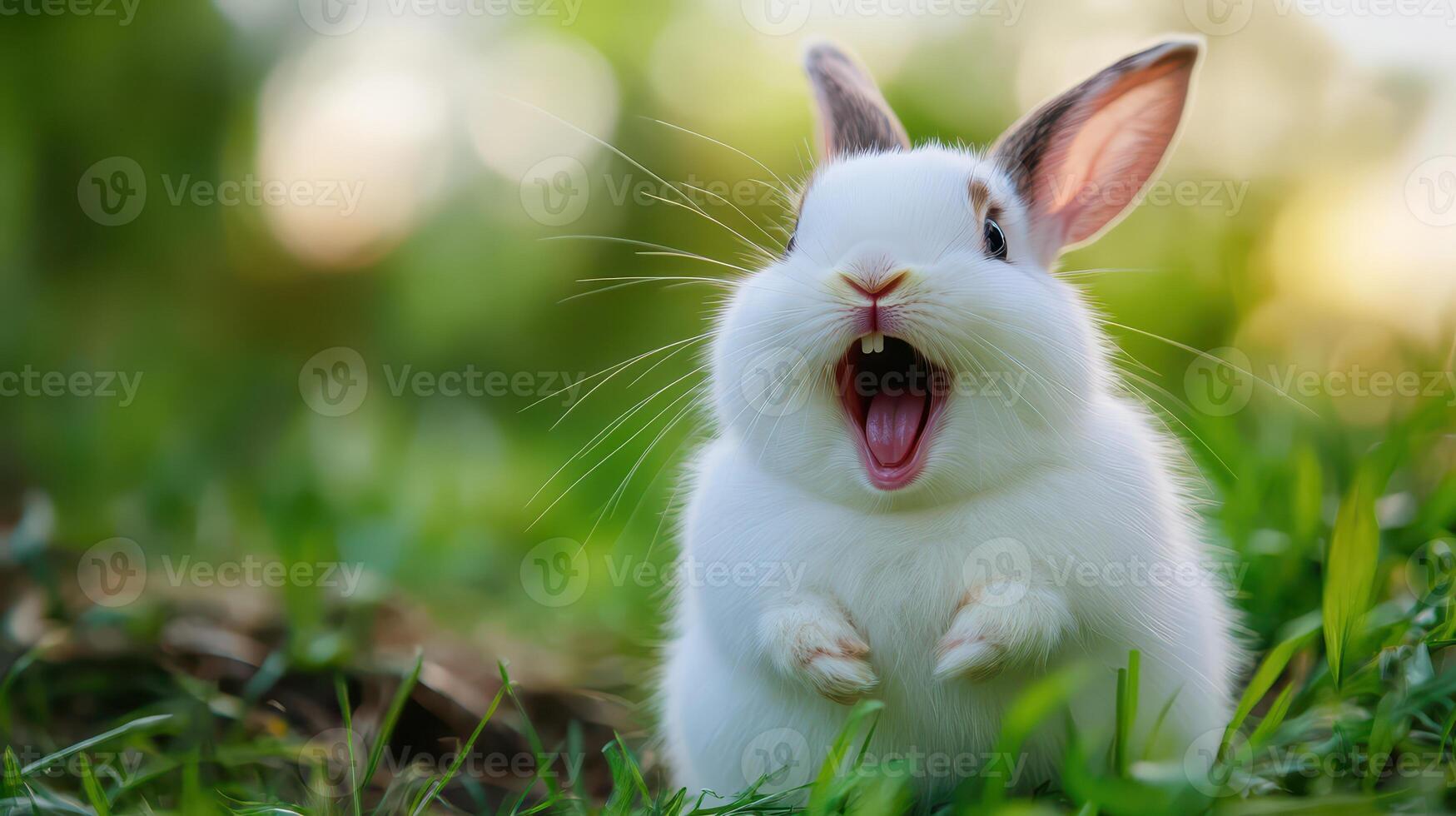 A white rabbit with its mouth open in the grass photo